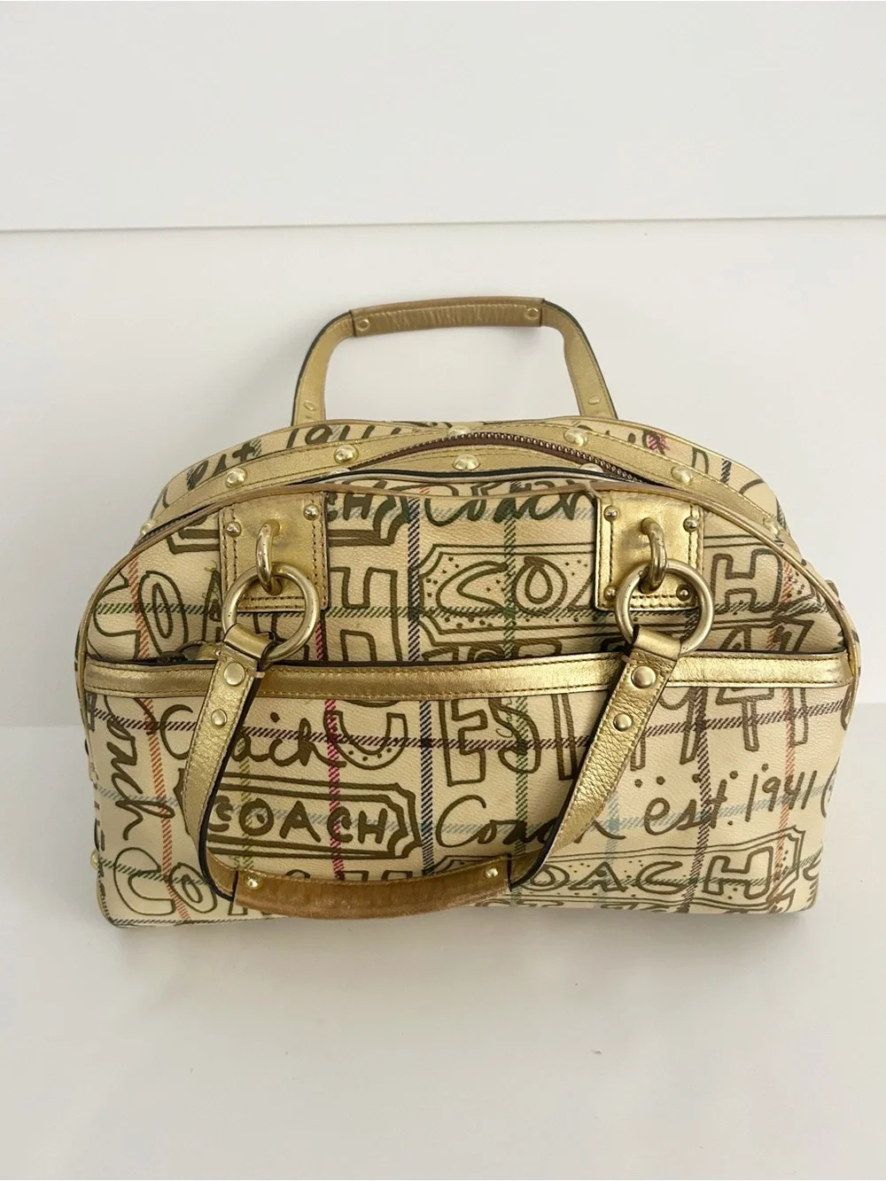 Vintage Coach Poppy Chelsea Graffiti Gold Tattersall Dome Satchel Purse